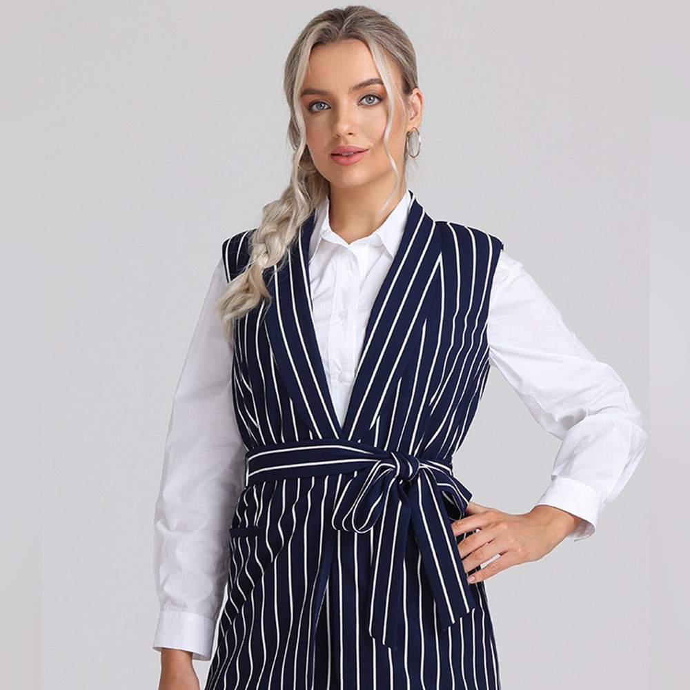 89th & Madison Women's XL Vest Navy Blue Striped Belted Formal Office Work NEW